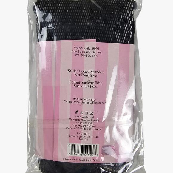 NWT Leg Avenue Net Pantyhose One Size Black Starlet Dot Spandex Tights Lingerie - Picture 2 of 5